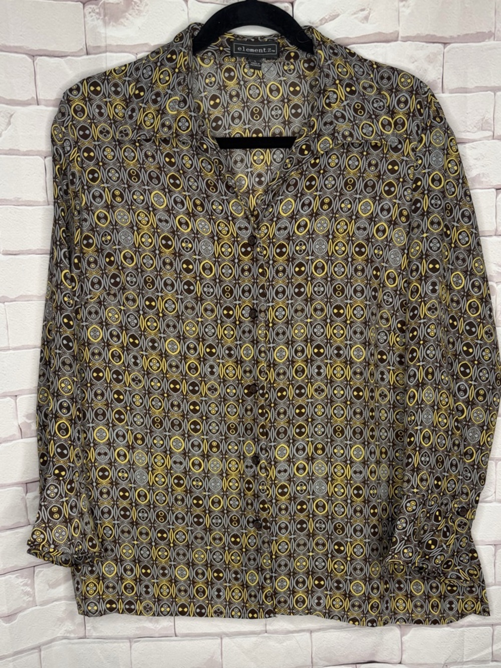 Elementz Geometric Print Button Down Blouse Size L Brown Yellow Retro Boho